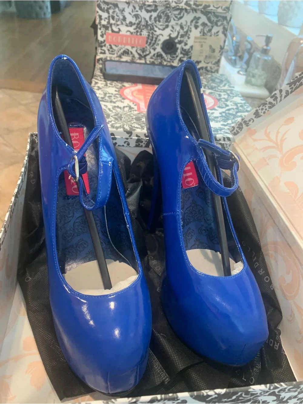 Pleaser Blue Patent Mary Jane Platform Heels